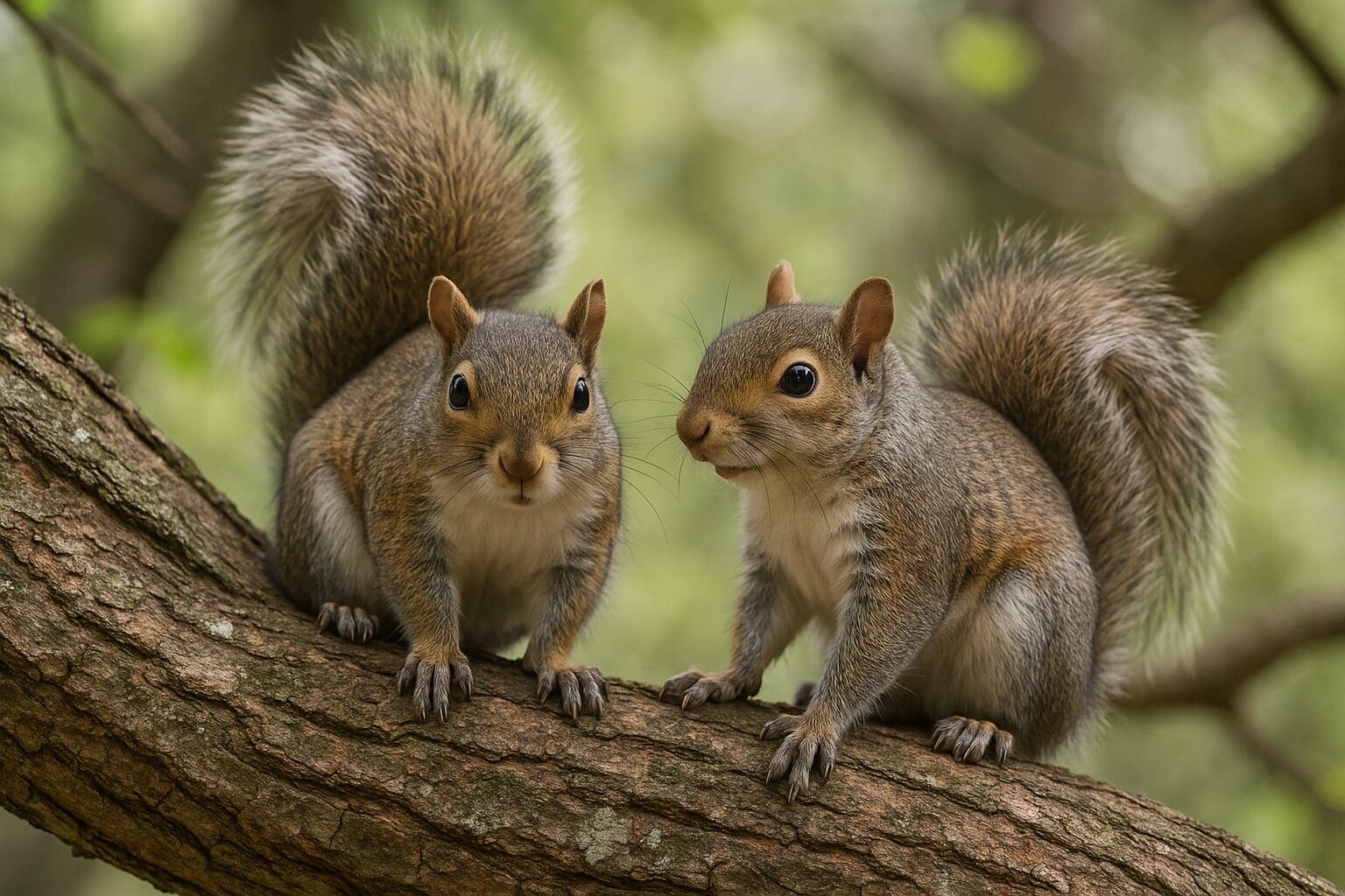 two squirrels on a tree branch during mating season