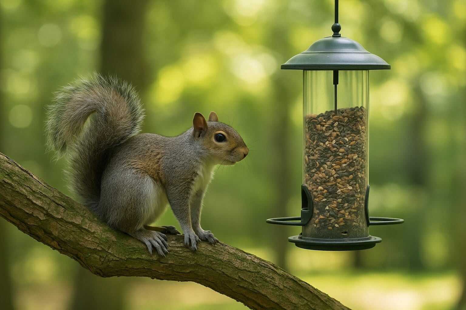 a photo of a squirrel about to eat the food in a bird feeder