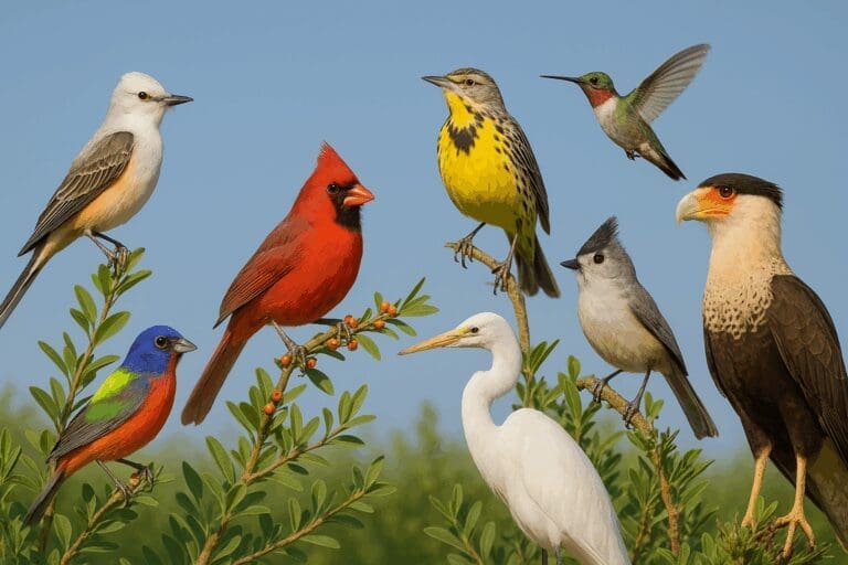 Colorful variety of native Texas birds perched on green branches under a clear blue sky, including species like the Northern Cardinal, Painted Bunting, Great Egret, and Ruby-throated Hummingbird.