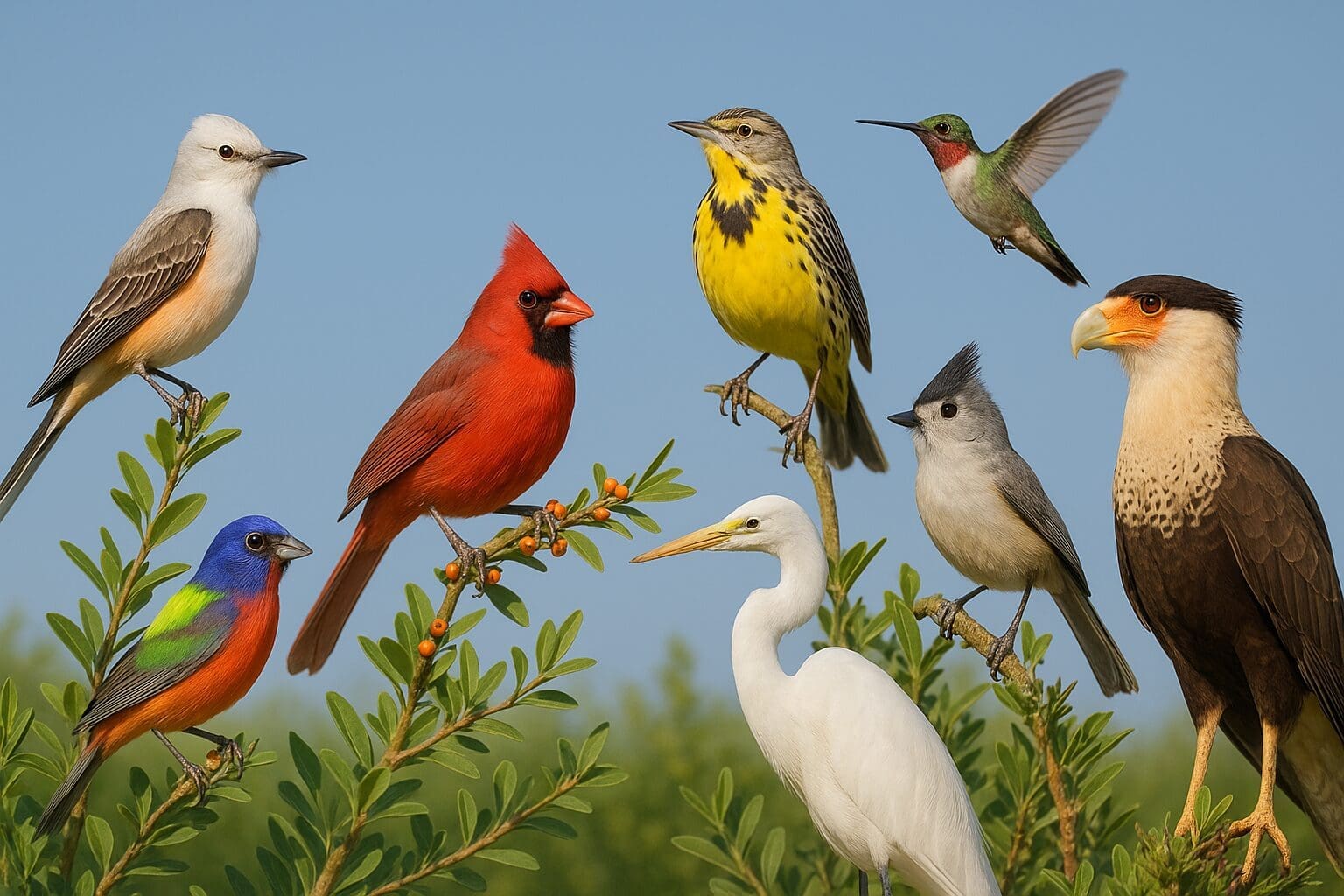Colorful variety of native Texas birds perched on green branches under a clear blue sky, including species like the Northern Cardinal, Painted Bunting, Great Egret, and Ruby-throated Hummingbird.